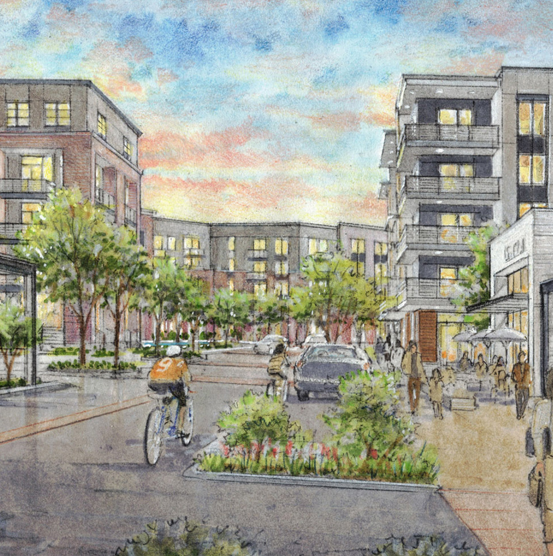 Street-level watercolor rendering of a vibrant pedestrian plaza surrounded by residential buildings, cafés, shops, and bike-friendly infrastructure at sunset, illustrating active community life.