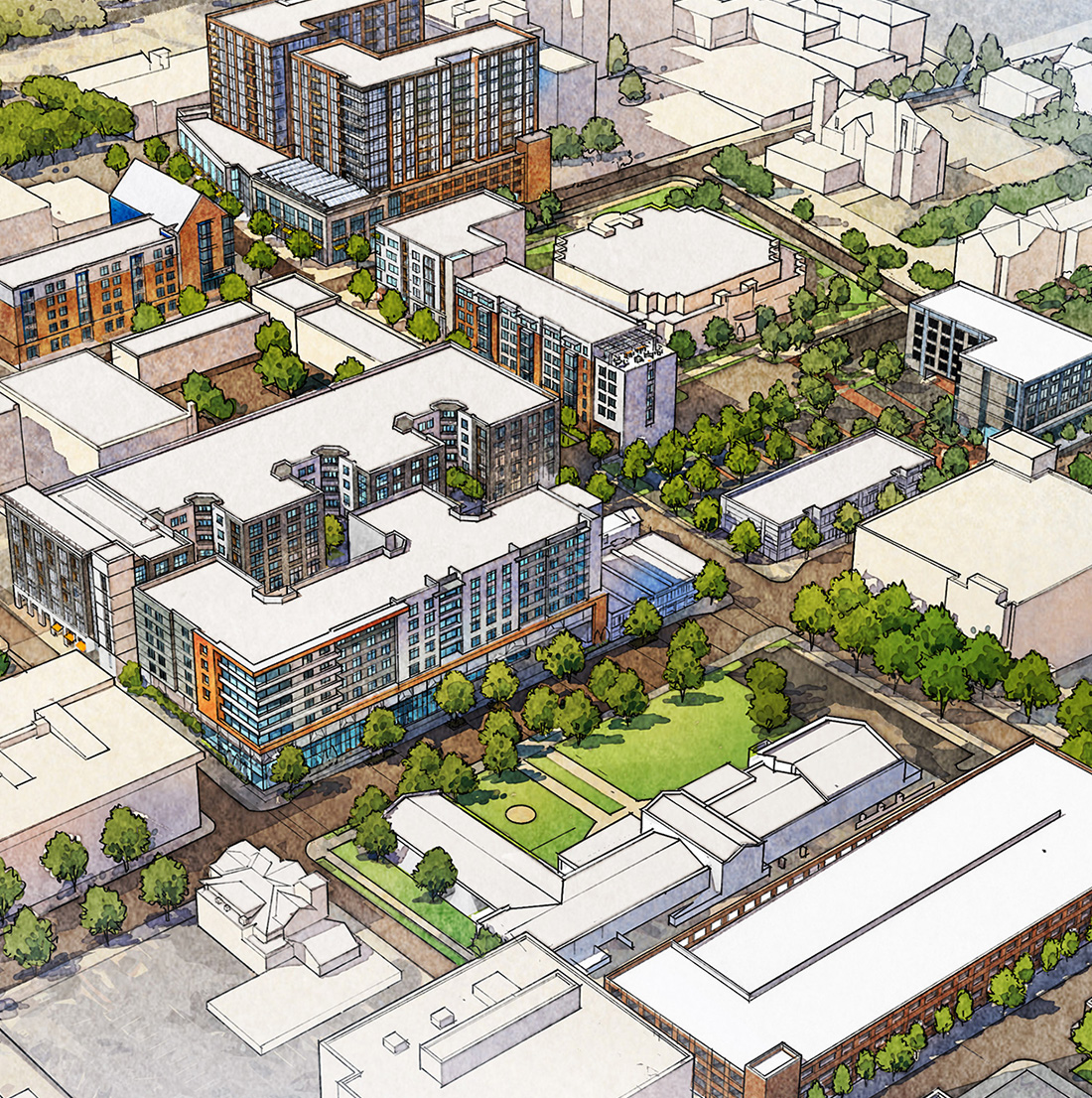 Bird’s-eye rendering of a large-scale urban development plan, including multiple residential buildings, greenspaces, roadways, and tree-lined streets integrated into an existing neighborhood.