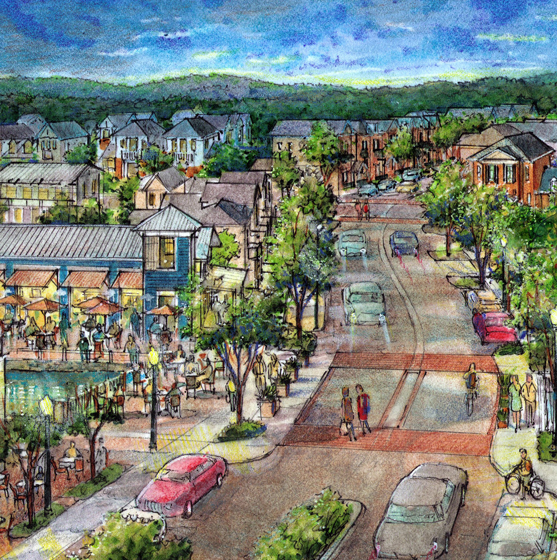 Aerial illustration of a vibrant mixed-use street at dusk, with homes, shops, and outdoor dining. The lively street scene includes people walking, biking, and gathering under string lights, suggesting a welcoming, small-town feel.
