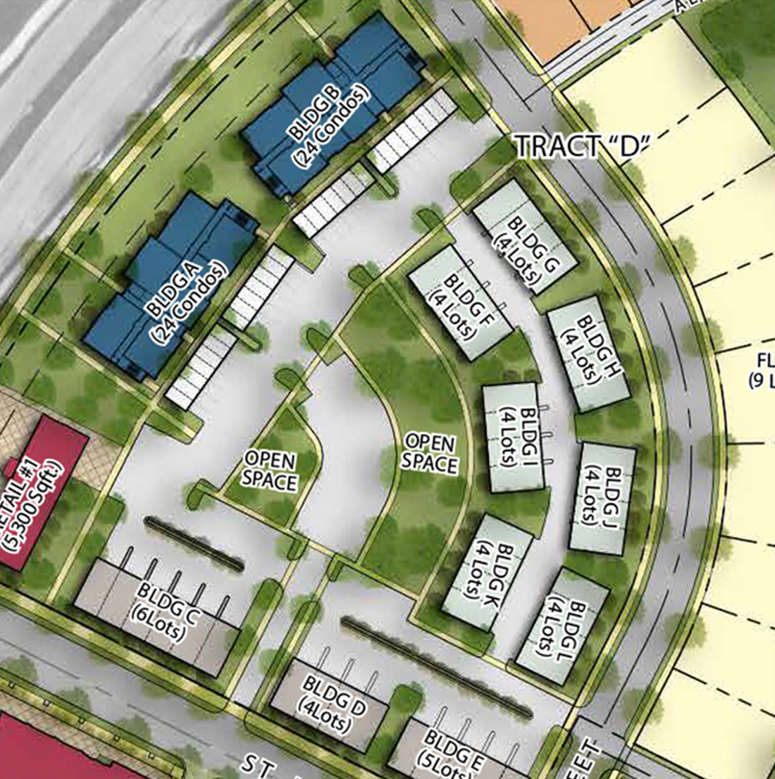 Zoomed-in site plan of “Tract D” within a residential development, highlighting multiple labeled buildings, curved streets, parking areas, and open green spaces for community use.