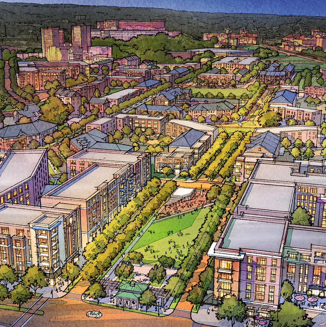 Illustrated night view of a dense mixed-use neighborhood with parks, townhouses, apartment buildings, and tree-lined boulevards. Soft lighting highlights pedestrian paths and active green spaces.